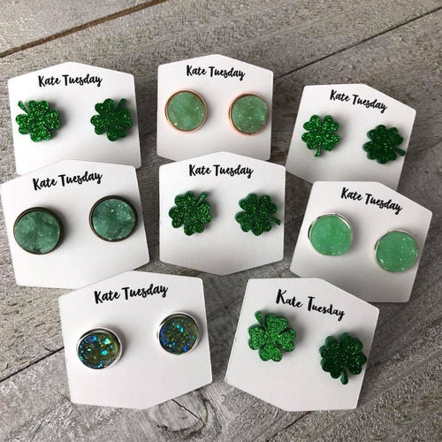 Saint Patricks Day Druzy Earrings, Box 4 Leaf Shamrock Earrings Olive Felix, Kate Tuesday 12mm Green in Rose gold setting 